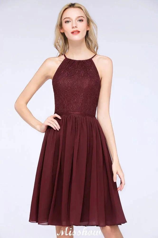 A-line Jewel Sleeveless Knee-Length Bridesmaid Dresses with Ruffle Chiffon Lace Party Dress by misshow.com