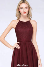 A-line Jewel Sleeveless Knee-Length Bridesmaid Dresses with Ruffle Chiffon Lace Party Dress by misshow.com