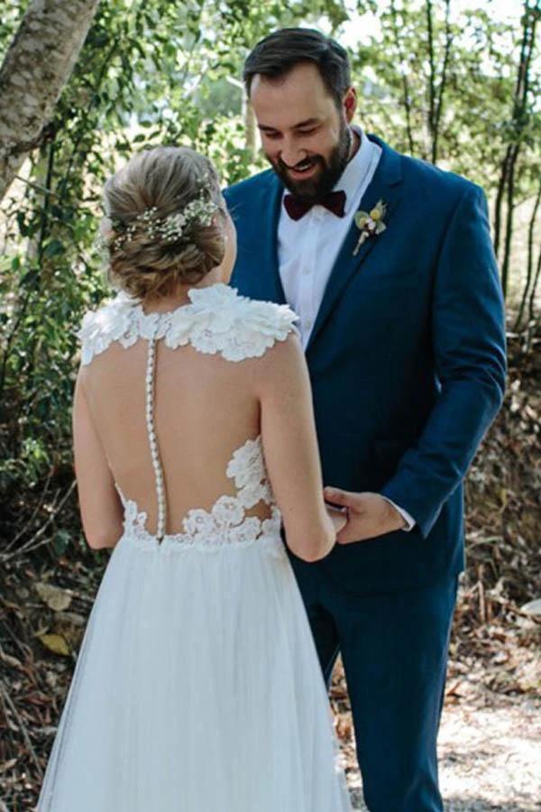 A-Line Jewel Sweep Train White Tulle Wedding Dress with Appliques WD459 by pgmdress
