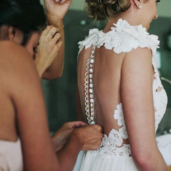 A-Line Jewel Sweep Train White Tulle Wedding Dress with Appliques WD459 by pgmdress