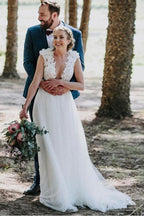 A-Line Jewel Sweep Train White Tulle Wedding Dress with Appliques WD459 by pgmdress