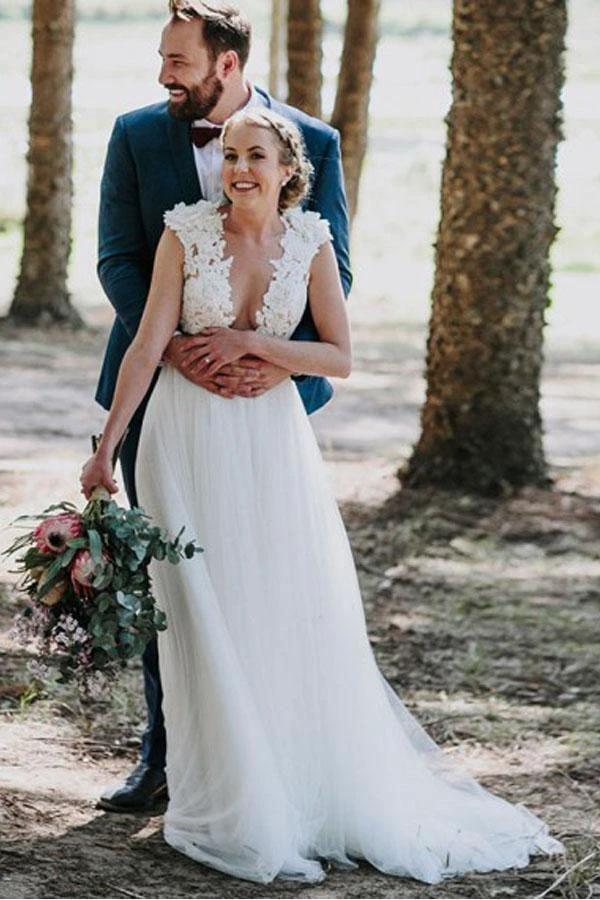 A-Line Jewel Sweep Train White Tulle Wedding Dress with Appliques WD459 by pgmdress