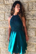 A-Line Jewel Turquoise Chiffon Homecoming Dress with Lace Beading PD226 by pgmdress