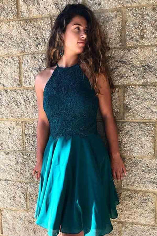 Vestido de fiesta de gasa turquesa con joya, corte A y encaje con cuentas PD226