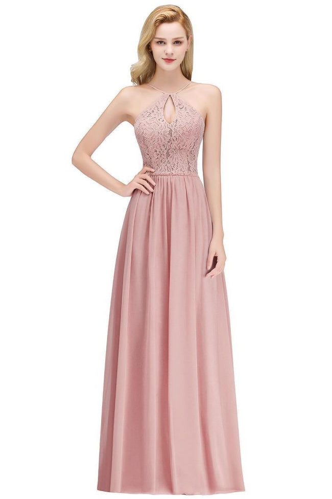 A-line Keyhole Neckline Lace Top Long Spaghetti Bridesmaid Dress Main Image