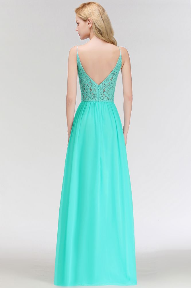 A-line Keyhole Neckline Lace Top Long Spaghetti Bridesmaid Dress