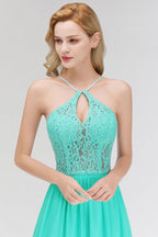 A-line Keyhole Neckline Lace Top Long Spaghetti Bridesmaid Dress