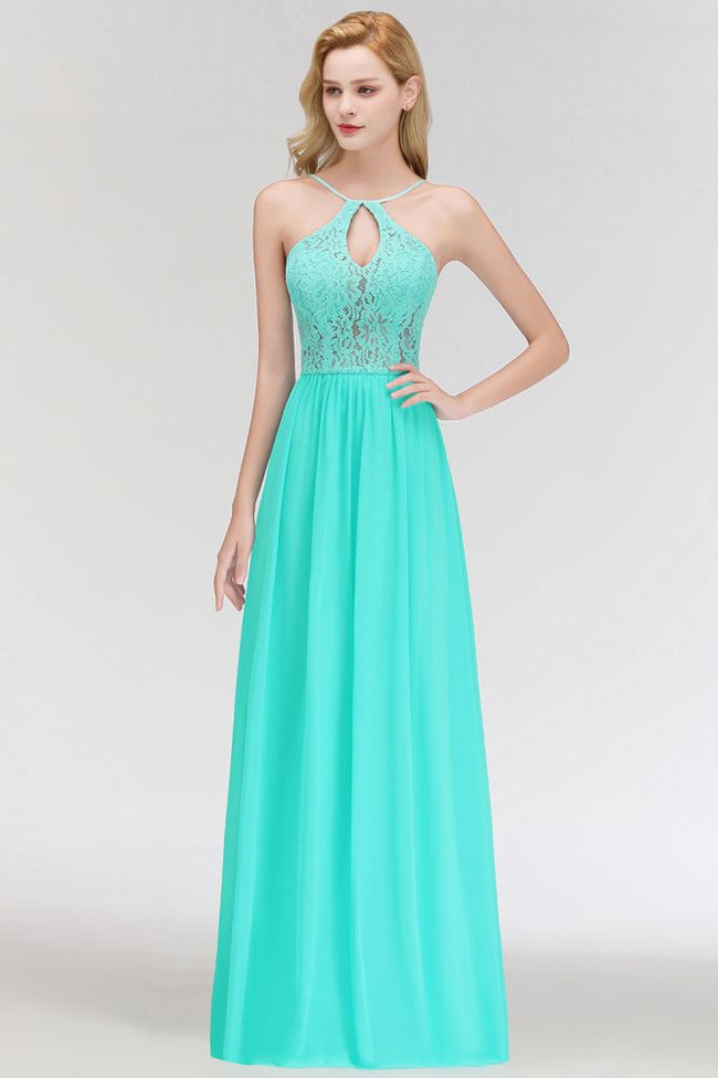 A-line Keyhole Neckline Lace Top Long Spaghetti Bridesmaid Dress Hover Image