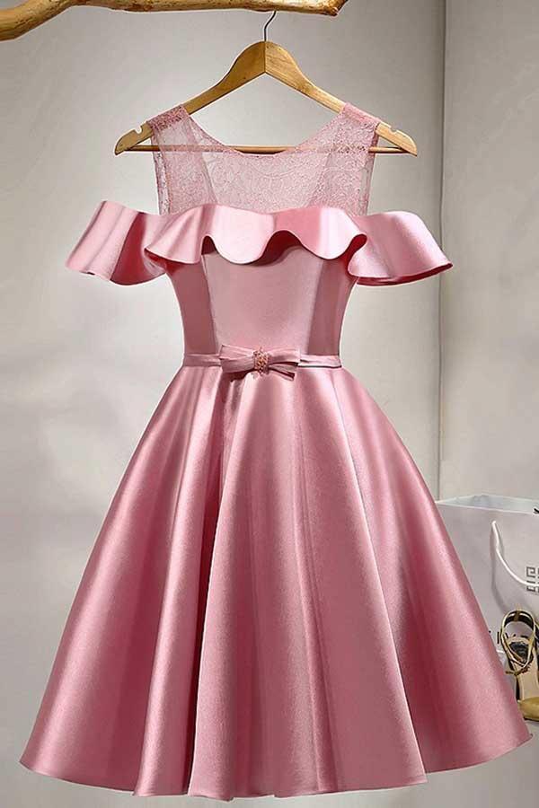 A-Line Knee-Length Cold Shoulder Pink Satin Homecoming Dress With Lace  PD121 Hover Image