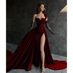 A Line Lace Appliques High Split Black Long Prom Formal Dress by weddingdress