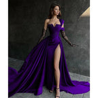 A Line Lace Appliques High Split Black Long Prom Formal Dress by weddingdress