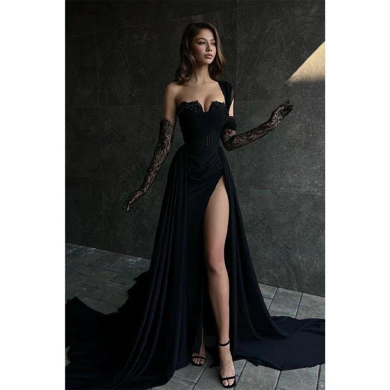 A Line Lace Appliques High Split Black Long Prom Formal Dress by weddingdress