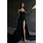 A Line Lace Appliques High Split Black Long Prom Formal Dress by weddingdress