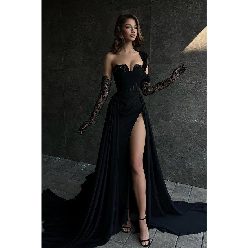 A Line Lace Appliques High Split Black Long Prom Formal Dress