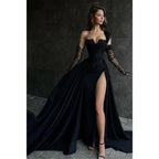A Line Lace Appliques High Split Black Long Prom Formal Dress by weddingdress