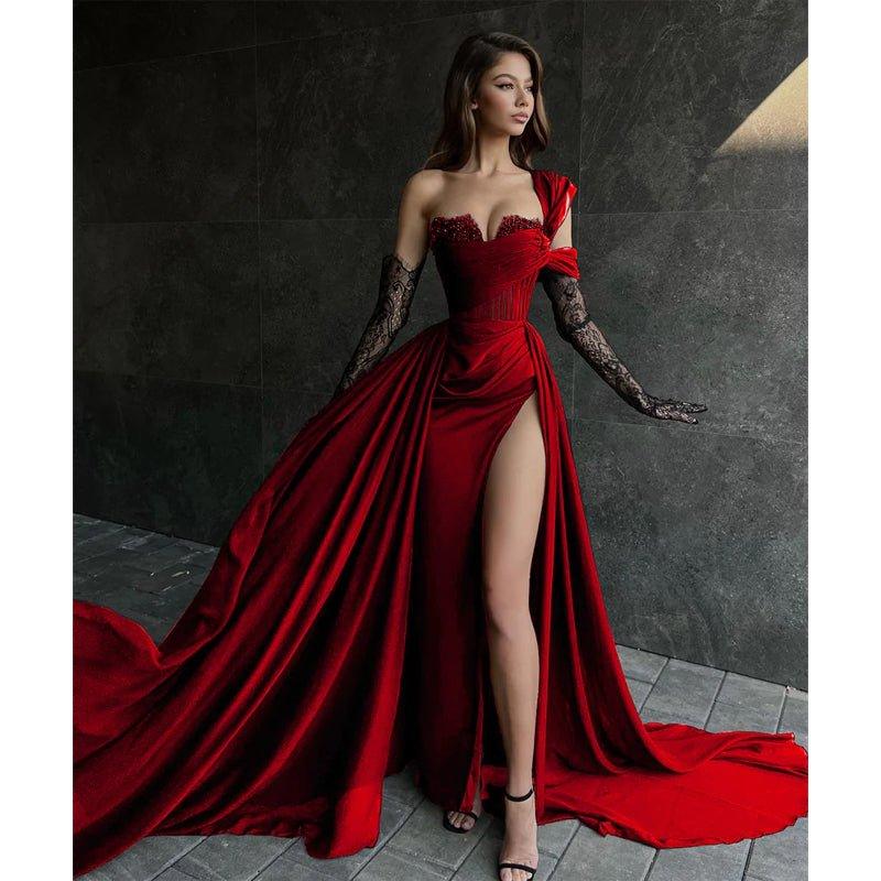 A Line Lace Appliques High Split Black Long Prom Formal Dress