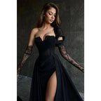 A Line Lace Appliques High Split Black Long Prom Formal Dress by weddingdress