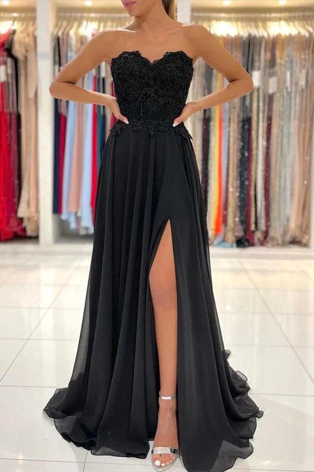 A-line Lace Long Front-Split Prom Dress Off-the-shoulder Evening Dress by misshow.com