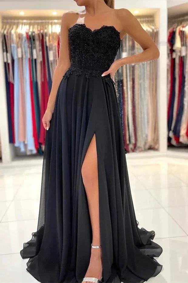 A-line Lace Long Front-Split Prom Dress Off-the-shoulder Evening Dress by misshow.com
