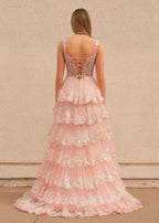 Pink Princess A Line Off the Shoulder Corset Prom Dress with Lace Ruffles by KissProm