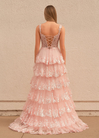 Rosa Prinzessin A-Linie Off-Shoulder Korsett Ballkleid mit Spitzenrüschen