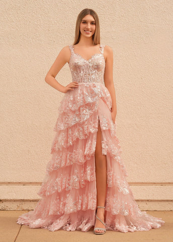Rosa Prinzessin A-Linie Off-Shoulder Korsett Ballkleid mit Spitzenrüschen