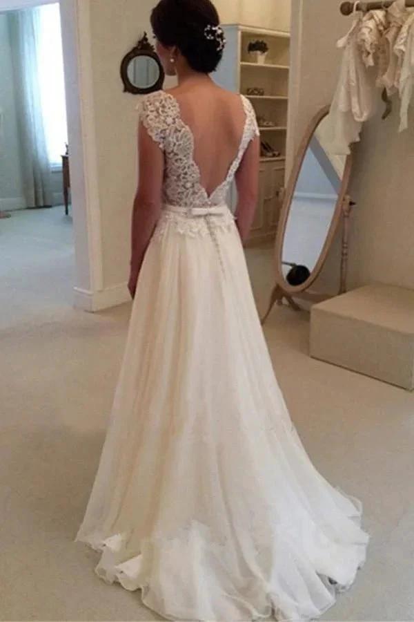 A-line Lace Top Backless Long Beach Wedding Dress Ball Gowns WD021 by pgmdress
