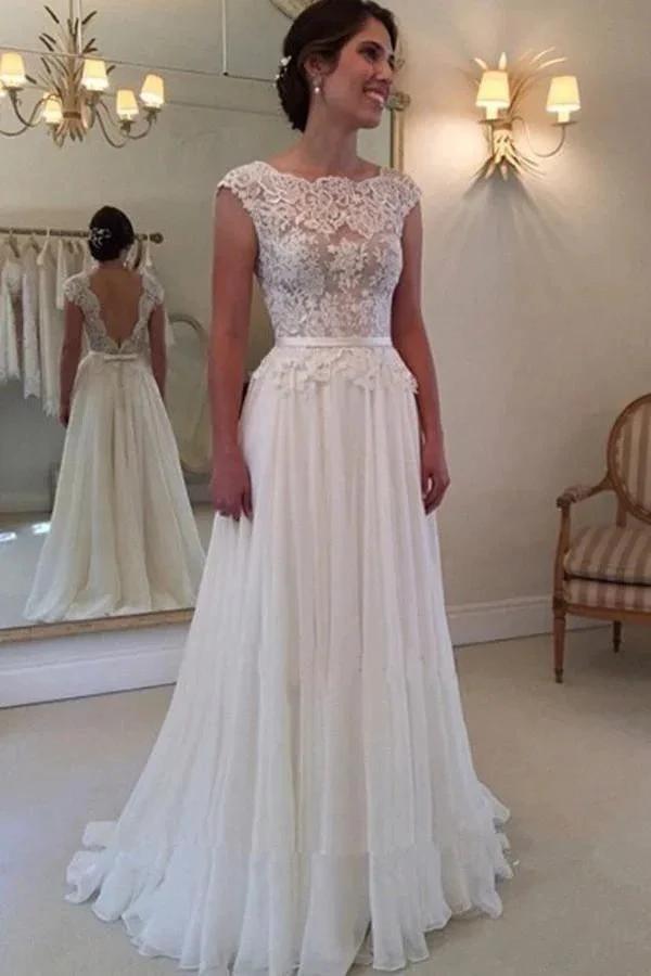 A-line Lace Top Backless Long Beach Wedding Dress Ball Gowns WD021 by pgmdress