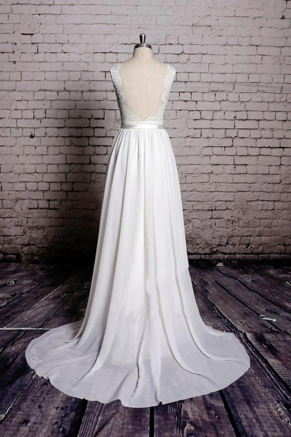 A-line Lace V-Neck Backless Sheath Long Wedding Dress WD058 by pgmdress