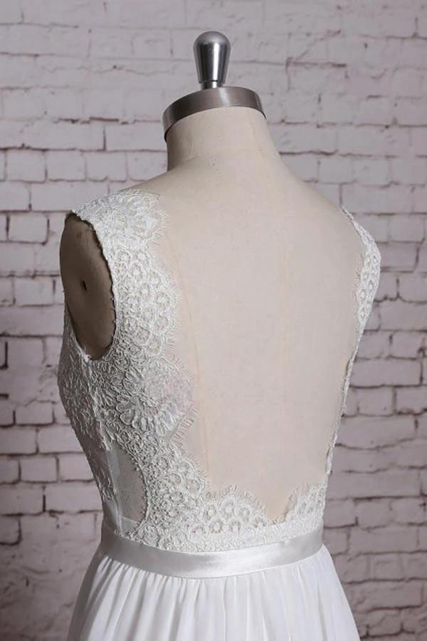 A-line Lace V-Neck Backless Sheath Long Wedding Dress WD058 by pgmdress