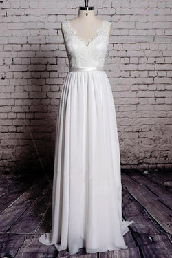 A-line Lace V-Neck Backless Sheath Long Wedding Dress WD058 by pgmdress