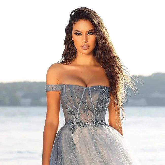 A-line Long Glitter Off-the-shoulder Gray Prom Dresses by misshow.com