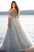A-line Long Glitter Off-the-shoulder Gray Prom Dresses by misshow.com