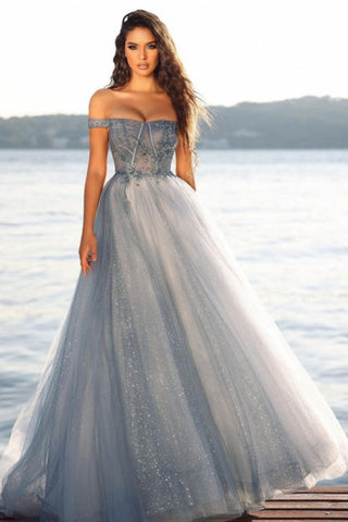 A-Linie Lange Glitzer Off-the-Shoulder Grau Ballkleider