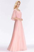 A-line Long Off-the-shoulder Pink Bridesmaid Dresses with Sleeves by misshow.com