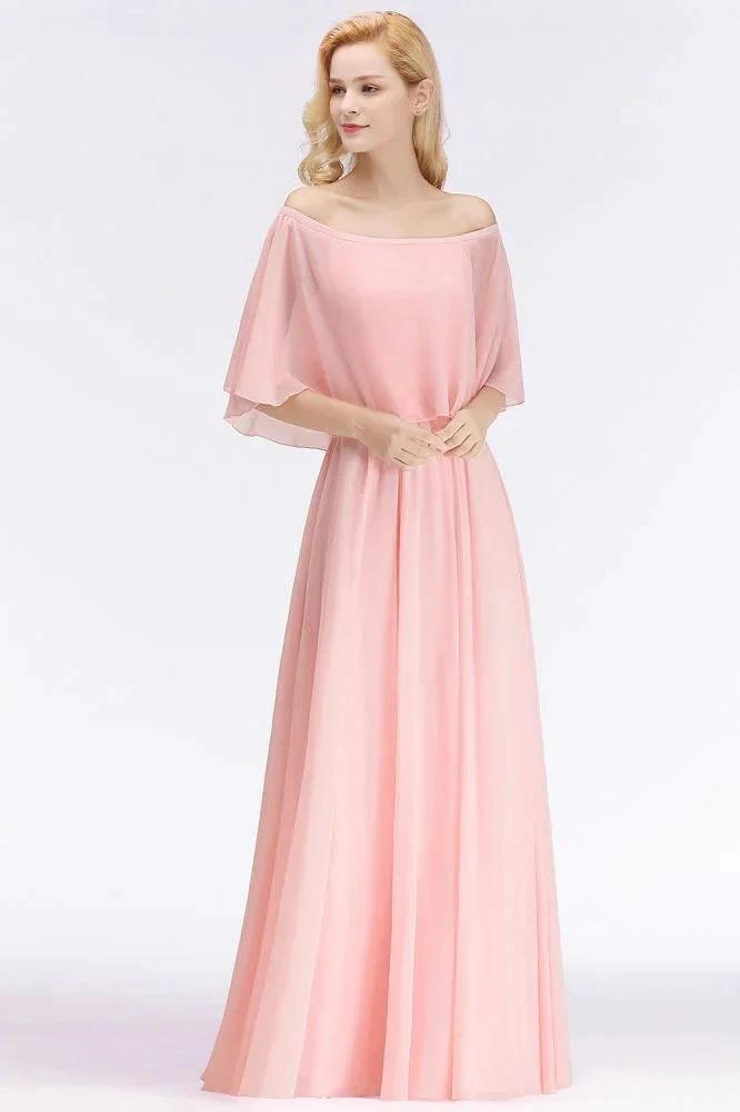 A-line Long Off-the-shoulder Pink Bridesmaid Dresses with Sleeves by misshow.com