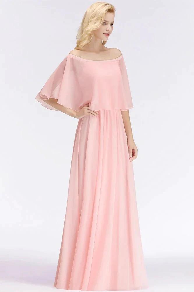 A-line Long Off-the-shoulder Pink Bridesmaid Dresses with Sleeves by misshow.com