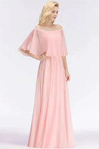 A-line Long Off-the-shoulder Pink Bridesmaid Dresses with Sleeves by misshow.com