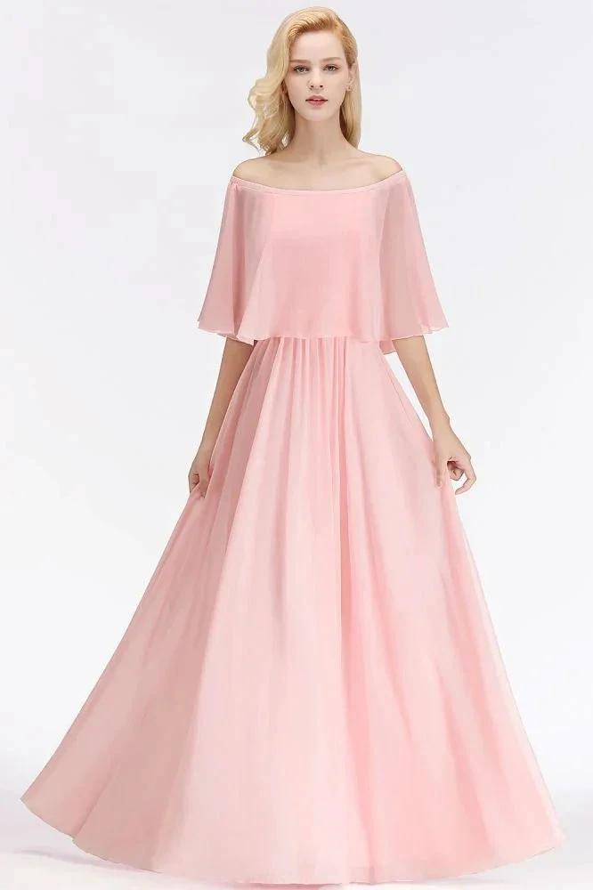A-line Long Off-the-shoulder Pink Bridesmaid Dresses with Sleeves by misshow.com