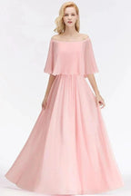 A-line Long Off-the-shoulder Pink Bridesmaid Dresses with Sleeves by misshow.com