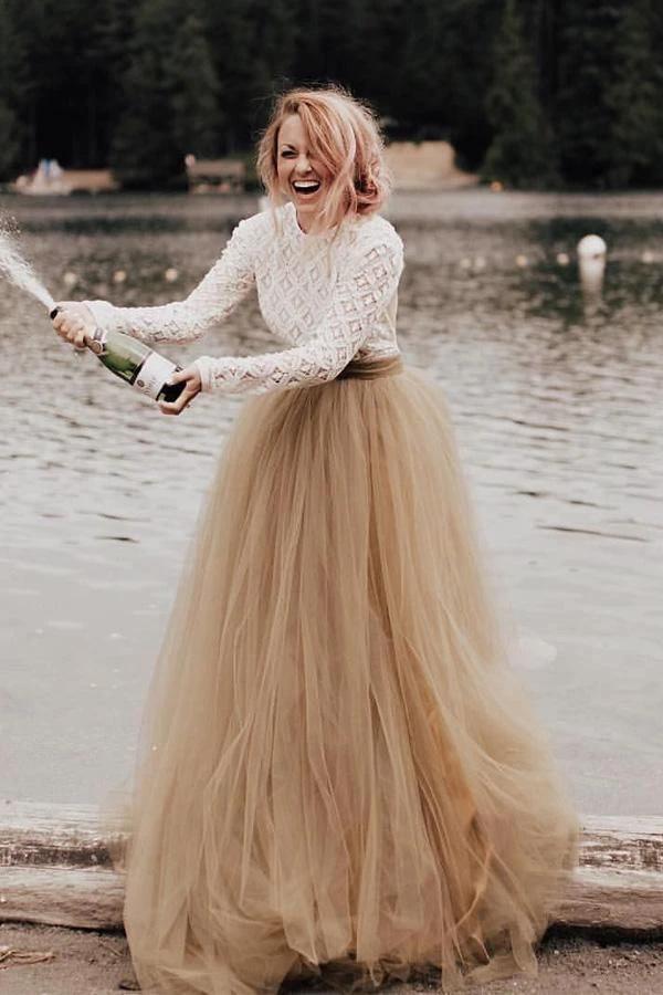 A-Line Long Sleeve Backless Princess Gown Wedding Dress Bridal Gown WD484 by pgmdress