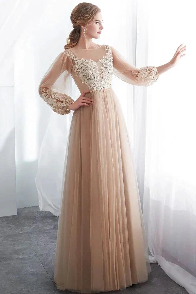 A-line Long Sleeves Appliques Tulle Champagne Evening Dress by misshow.com