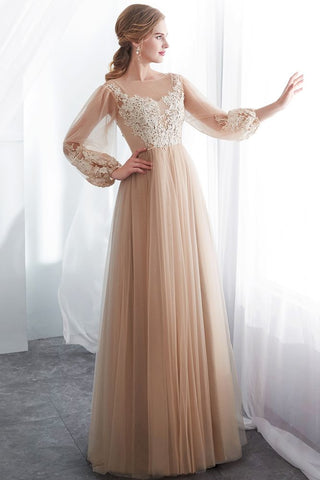 A-Linie Abendkleid mit langen Ärmeln und Applikationen aus Tüll in Champagner