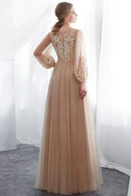 A-line Long Sleeves Appliques Tulle Champagne Evening Dress by misshow.com