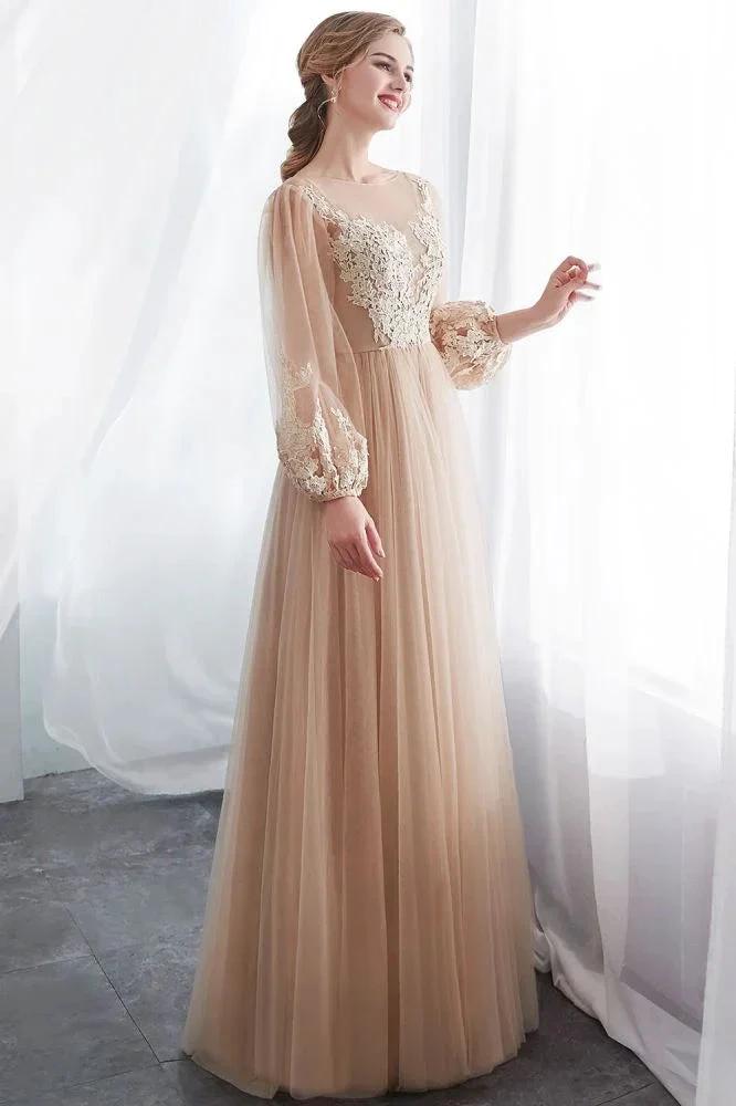 A-line Long Sleeves Appliques Tulle Champagne Evening Dress by misshow.com