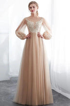 A-line Long Sleeves Appliques Tulle Champagne Evening Dress by misshow.com