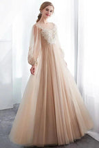 A-line Long Sleeves Appliques Tulle Champagne Evening Dress by misshow.com