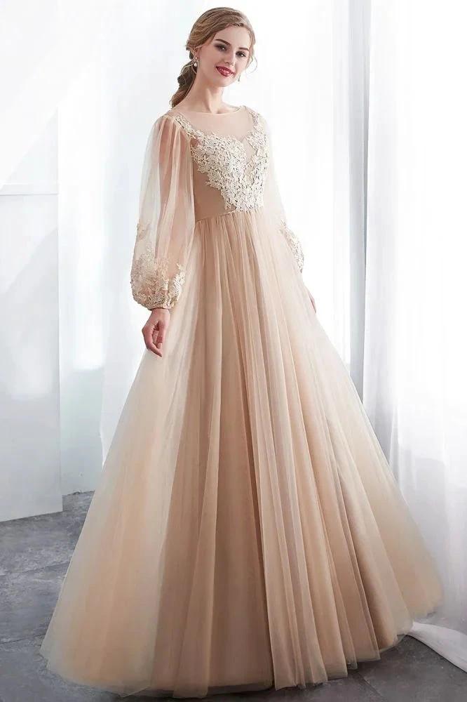 A-line Long Sleeves Appliques Tulle Champagne Evening Dress by misshow.com