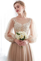 A-line Long Sleeves Appliques Tulle Champagne Evening Dress by misshow.com