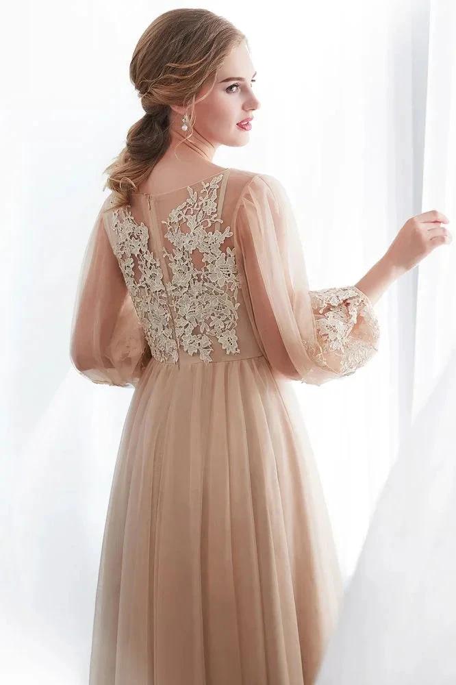 A-line Long Sleeves Appliques Tulle Champagne Evening Dress by misshow.com